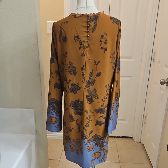 Altar'd State Golden and Blue Floral Long Sleeve Boho Dress with Crotchet Detail - Picture 7 of 8